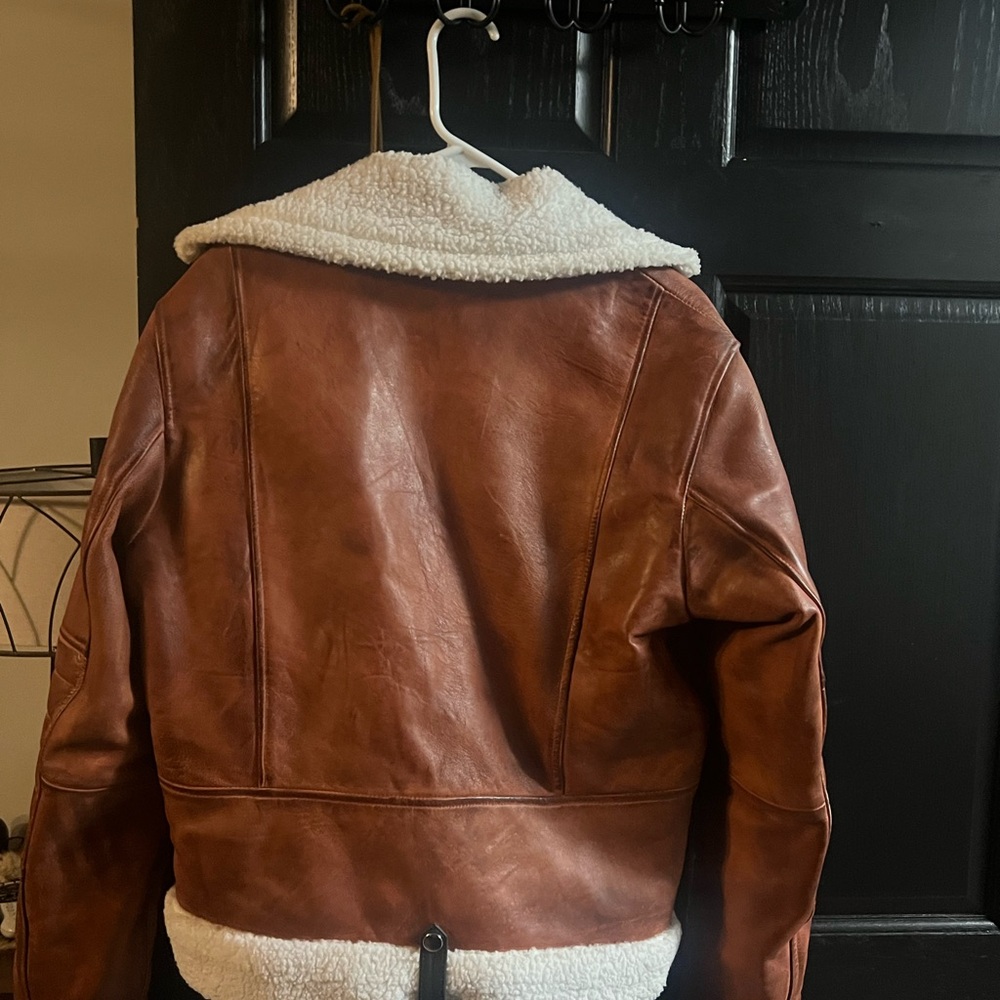 Women Brown faux Leather Jacket with Shearling Lining - Picture 2 of 5